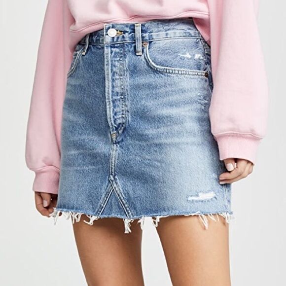 Agolde Quinn High Rise Cut Off Distressed Denim Mini Skirt Blue 25 - Picture 1 of 9